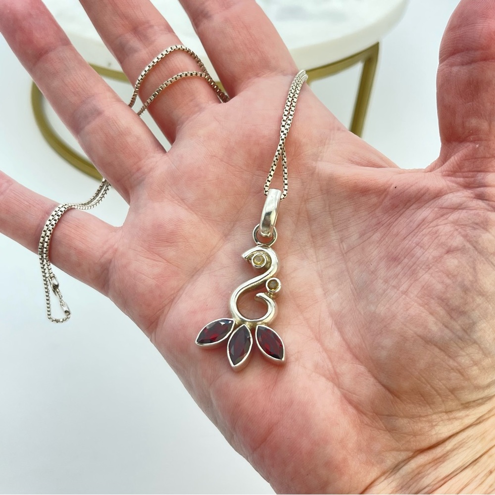 Silver Garnet & Citrine Abstract Floral Pendant Necklace Sterling Box Link Chain